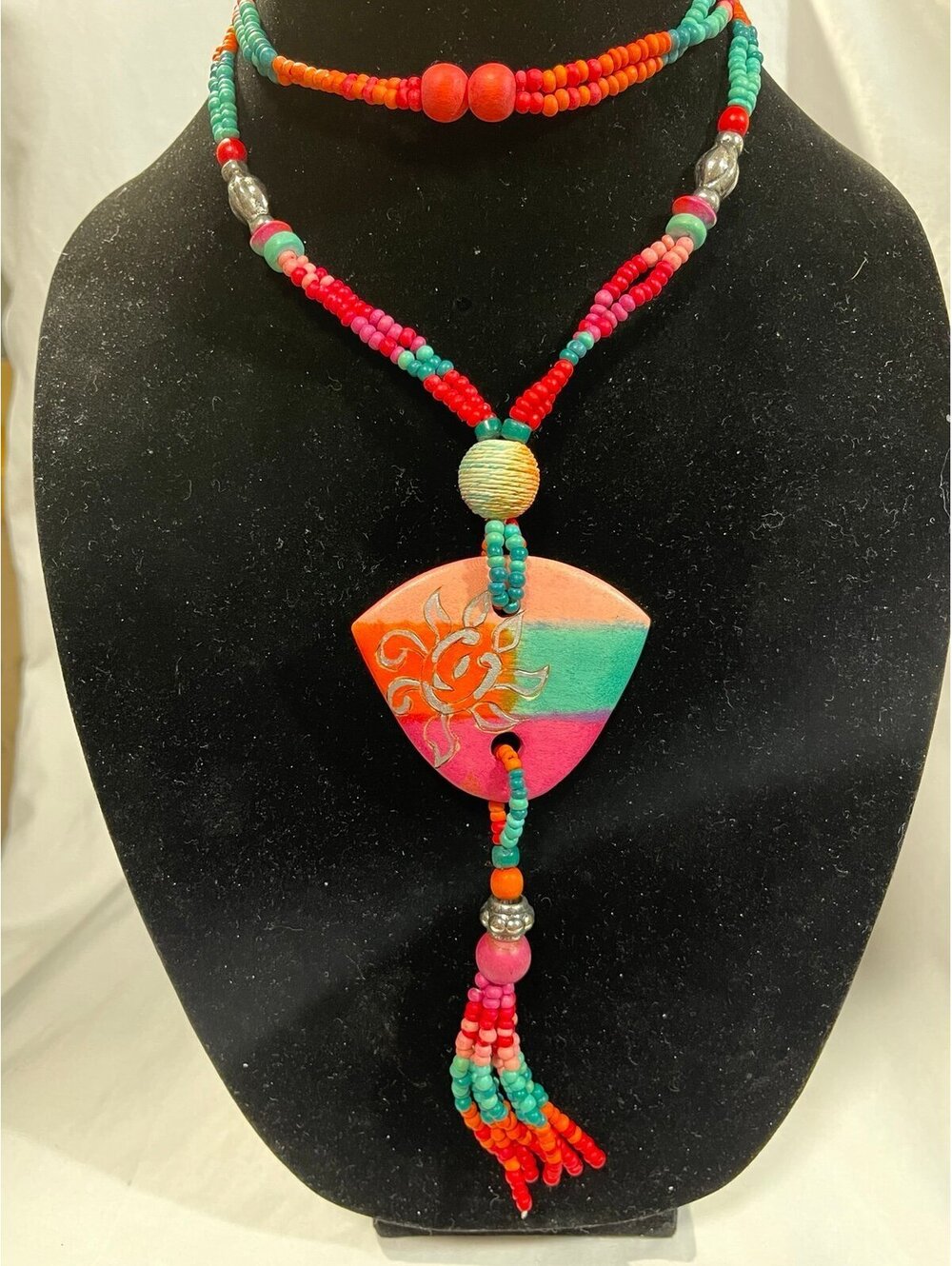 Hand Painted Pendant Colorful Beaded Tassel Necklace